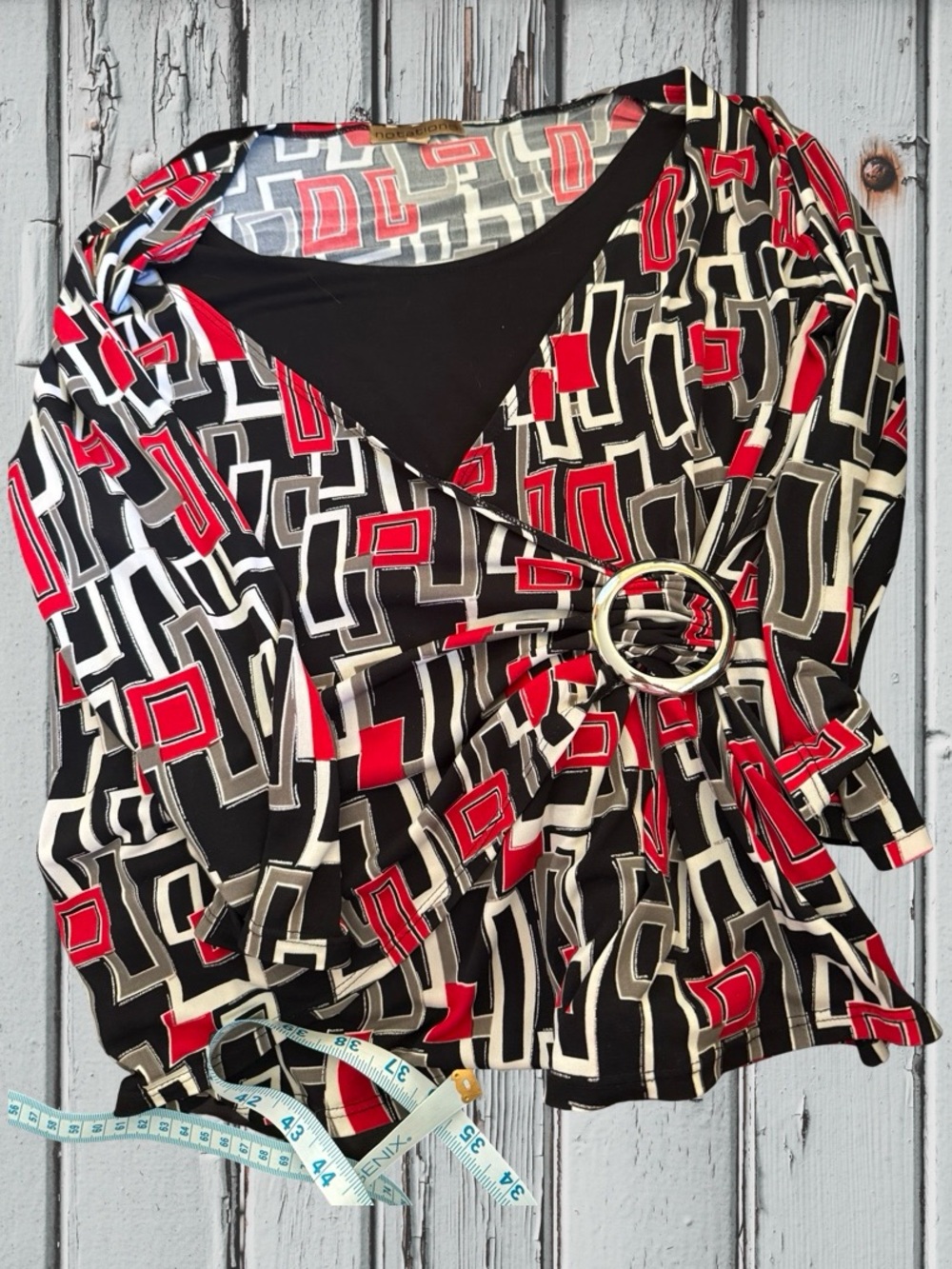 Notations Faux Wrap Geometric Blouse with Silver Ring Accent - Size S